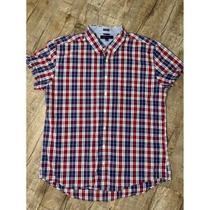Tommy Hilfiger Mens XXL Custom Fit Plaid Short Sleeve Button Down Shirt Red Blue